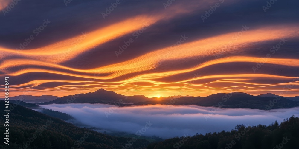 Aufkleber sunrise showcasing cirrocumulus clouds above majestic mountains emerging from a blanket of mist, cre