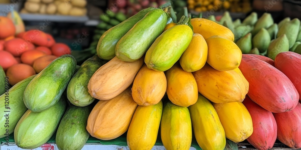 Poster Close up of a vibrant stack of papayas displayed on a market stall, showcasing the fresh and colorful papayas that are perfect for enjoying or adding to various dishes.