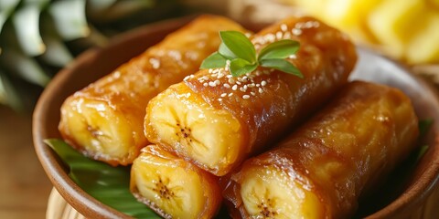 Delicious Filipino traditional dessert features turon, a flavorful fried banana treat, skillfully paired with sweet pineapple, showcasing the delightful essence of turon in every bite.