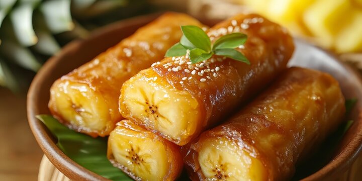 Delicious Filipino traditional dessert features turon, a flavorful fried banana treat, skillfully paired with sweet pineapple, showcasing the delightful essence of turon in every bite.
