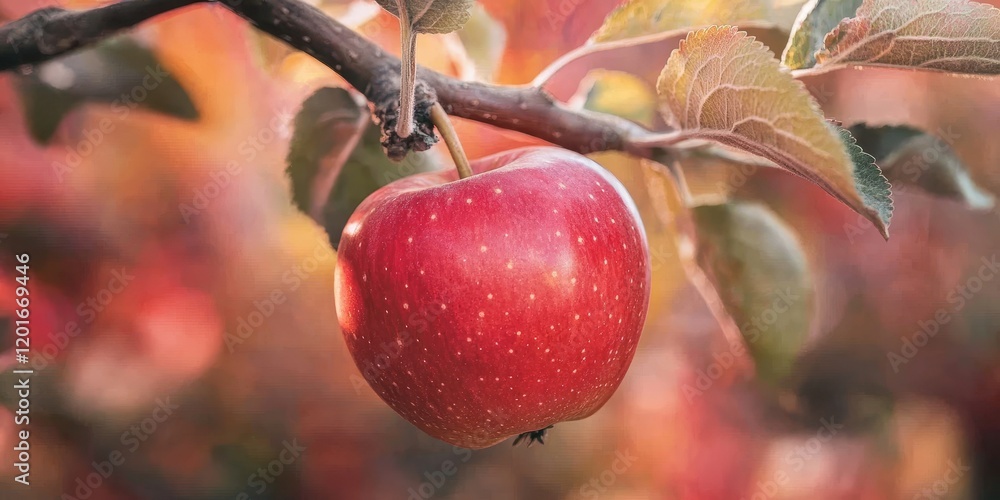 Aufkleber vibrant and delicious red apple hanging from an apple tree branch in an orchard, showcasing the beau