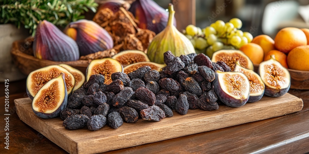 Poster dried figs and fresh fruit beautifully arranged on a wooden table create a delightful presentation. 
