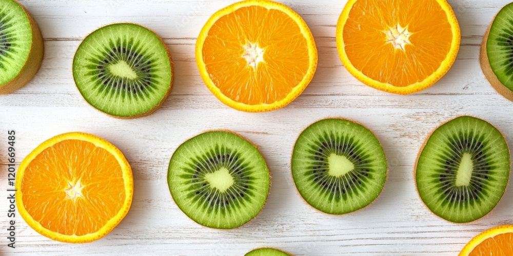 Poster fresh kiwi and orange slices arranged on a white wooden background. a vibrant display of kiwi and or