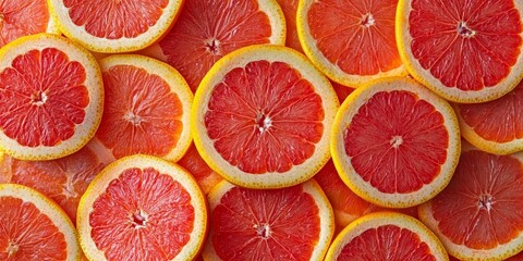 Top view of vibrant red grapefruit slices arranged beautifully, showcasing the fresh and juicy qualities of red grapefruit. This image highlights the rich color and texture of red grapefruit slices.