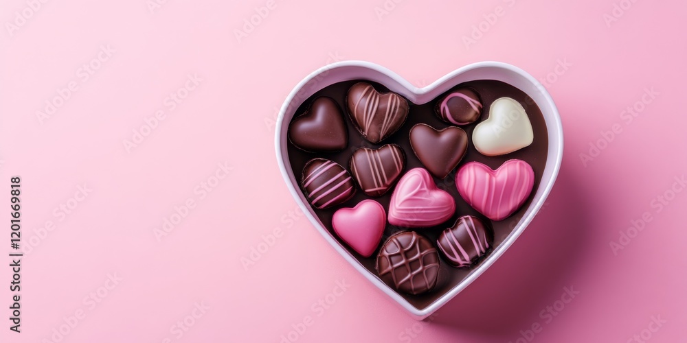 Poster close up of a heart shaped candy box filled with delightful chocolate candies, set against a soft pi