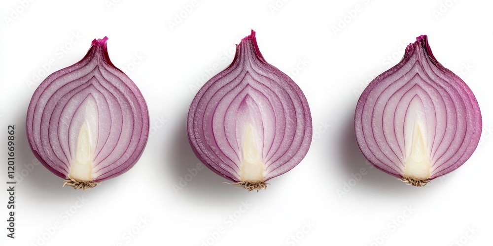Poster three bulbs of sliced red onion are displayed, isolated on a white background, highlighting the vibr