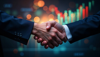 Deal. business man investor handshake with graph chart stock market diagram background, trading, internet communication, stock market, partnership, digital technology, teamwork concept