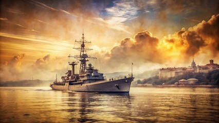 Fototapeta premium Vintage Photo: Russian Warship at Sevastopol Bay, Crimea - Historic Naval Scene