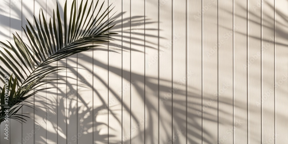 Poster a backdrop featuring white wooden panels is accentuated by the shadow of a tropical leaf, creating a