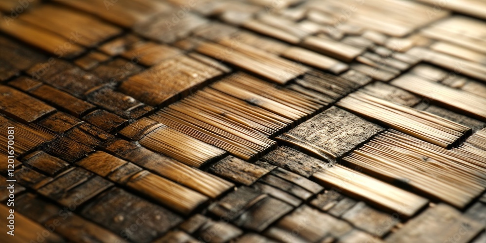Aufkleber close up view of bamboo mosaic panels showcasing intricate patterns and textures, highlighting the b