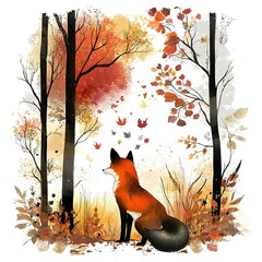 Fox is sitting in a field of autumn leaves
