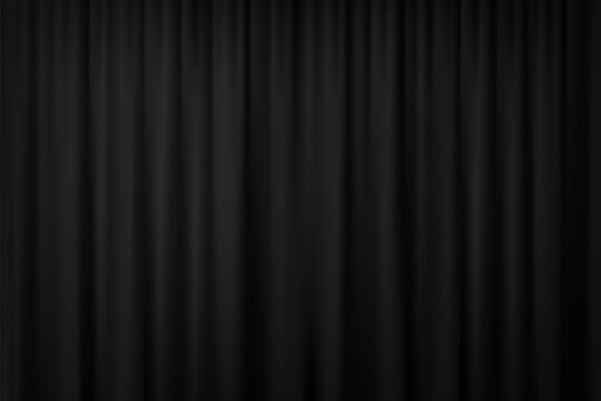 Black silk fabric luxury background. Vertical draped satin cloth texture curtain. Smooth shiny drape material curtain. Realistic modern vector banner.
