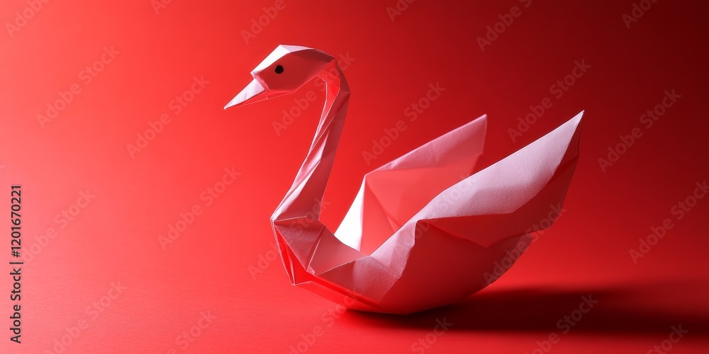 Poster elegant origami swan displayed against a vibrant red background, showcasing the intricate artistry o