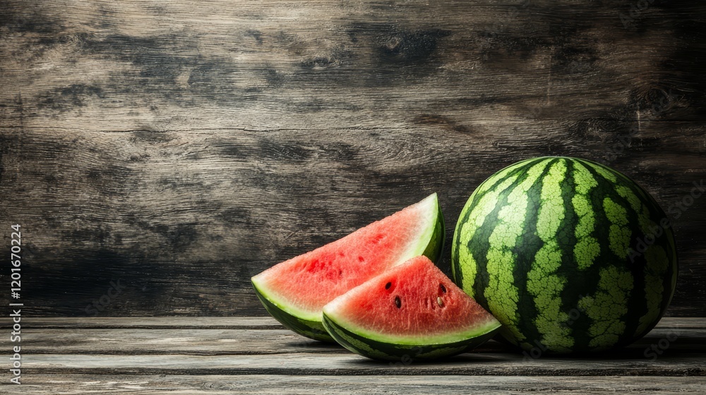 Poster watermelon placed on a wooden background, showcasing the freshness of watermelon amidst a natural se