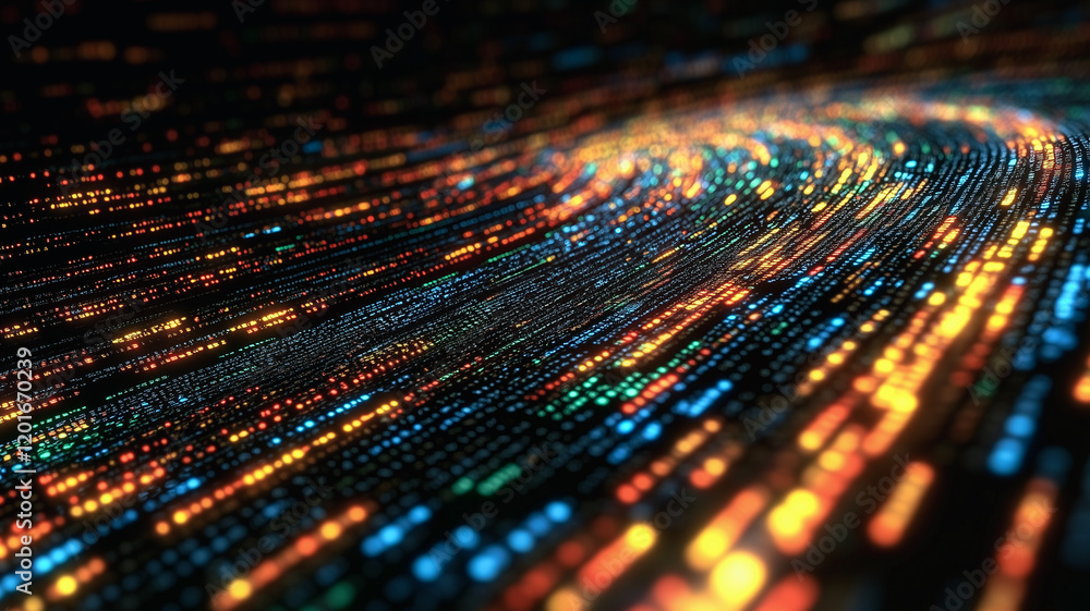Poster digital data flow: abstract close-up of a glowing data stream, showcasing the intricate patterns and