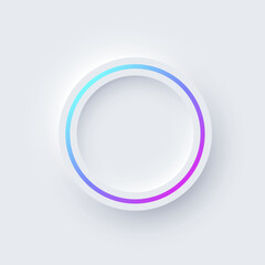 Round color frame with illuminated neon border on white background. Glowing white circle frame with color line. Modern abstract futuristic geometric vector illustration in soft pastel tones.