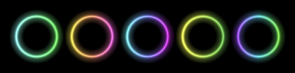 Neon color round frames. Abstract rainbow glow light circles. Colored laser bright round icons. Bright geometric graphic vector set isolated on black background.