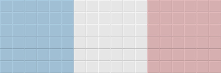 Square tile background. White, blue and pink tiles pattern for kitchen, bathroom or outdoor architecture. Glossy interior design tiled material. Realistic vector illustration.