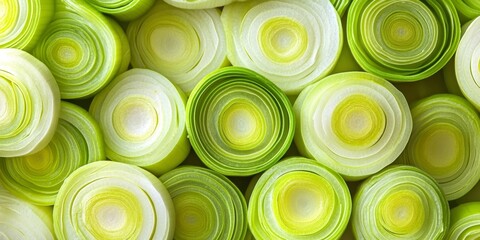 Close up view of leeks sliced into rings, showcasing their bright green color. This vibrant organic vegetable highlights the freshness of leeks as a key ingredient in vegetarian dishes.