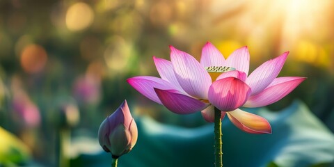 Beautiful pink lotus flower in full bloom, showcasing the vibrant colors and delicate petals of the pink lotus. The pink lotus flower symbolizes purity and beauty in nature.