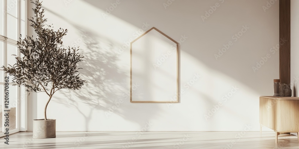 Poster real estate poster showcasing a house and tree on a white wall with space for text above the artwork