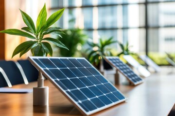 Fototapeta premium Renewable energy project pitch featuring models of solar and wind installations in a boardroom