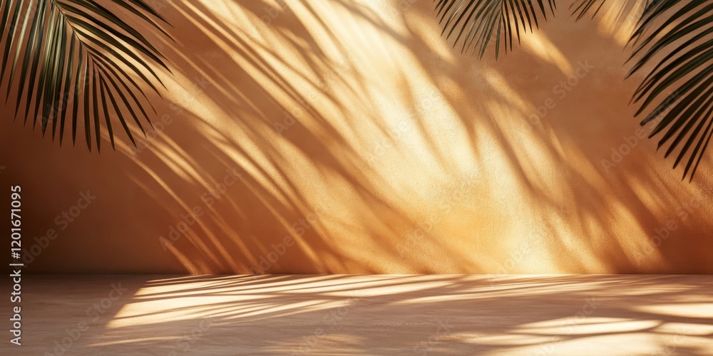 Poster Shadows of palm leaves cast on a brown wall and floor create an abstract backdrop with ample space for text. This natural scene embodies a sunny day, ideal for minimal summer themes.
