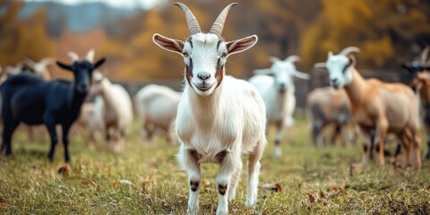 Fototapeta premium Beautiful Alpine breed domestic goats grazing peacefully on an eco farm, showcasing the charm and characteristics of these unique Alpine goats in their natural habitat.