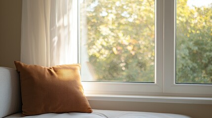 Cozy Corner with Soft Cushions Bathed in Warm Light from a Sunlit Window