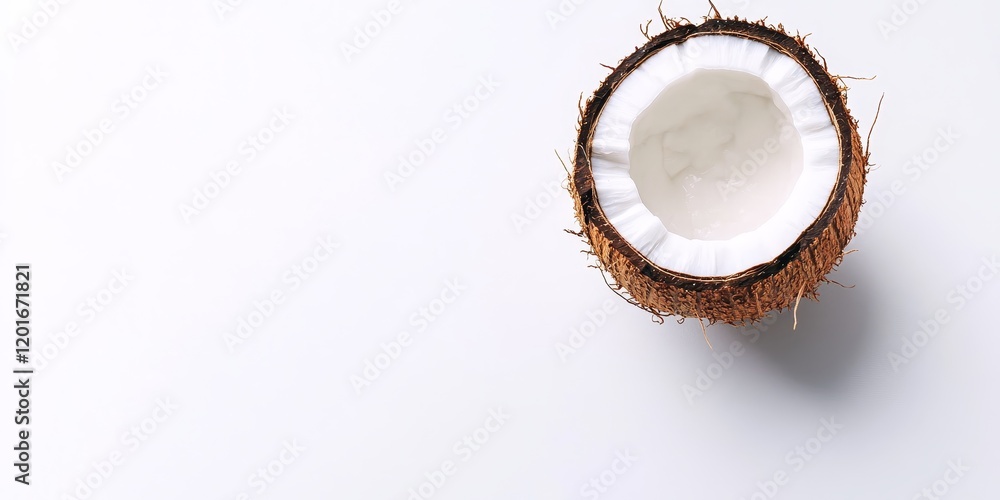 Poster Coconut isolated on a white background, featuring ample copy space for your text. This top view and flat lay of coconut highlights its unique texture and visual appeal.