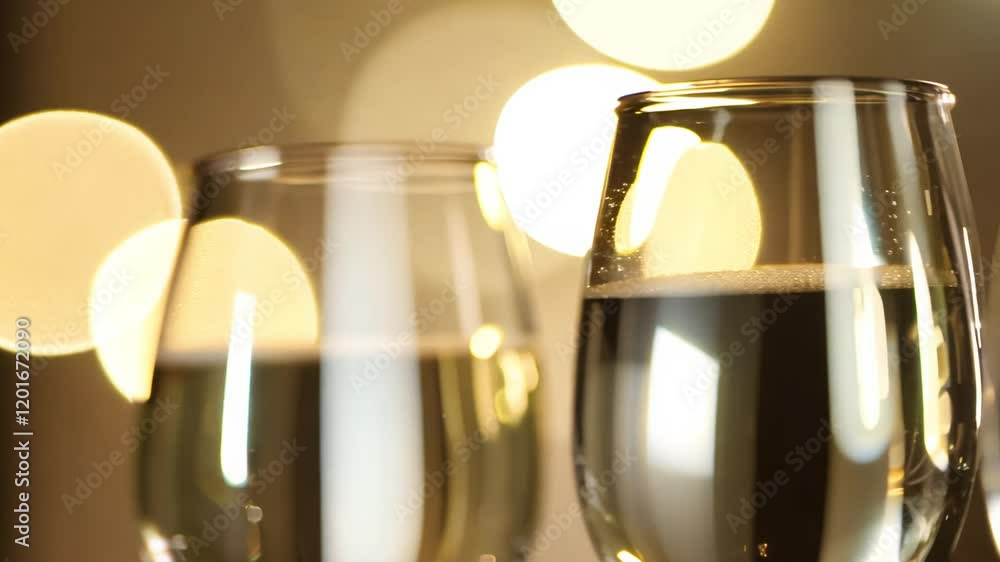 Poster Pan left video with bokeh lighting of a row of champagne glasses with blurred sparkling bokeh lights in the background and shallow depth of field