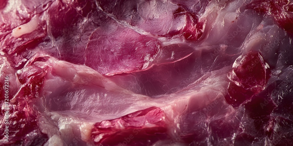Poster close up of pink dry pork ham showcasing its texture and color during the cooking process, highlight