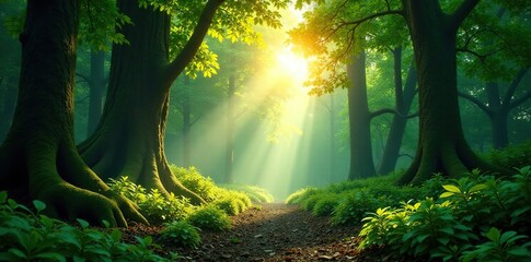 Obraz premium Lush forest canopy with twinkling sunlit undergrowth, serene, sparkle
