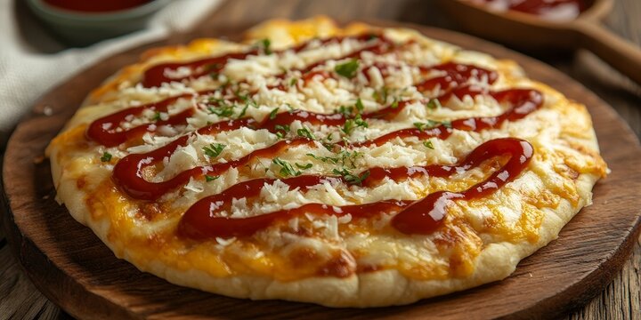 Delicious homemade langos topped with cheese and a drizzle of ketchup, perfect for a satisfying snack. Enjoy the savory flavor of homemade langos that delights the taste buds.