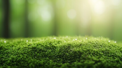 Naklejka premium Sparkling Particles on Forest Floor with Lush Green Moss and Soft Light Filtering Through Trees in a Tranquil Natural Environment
