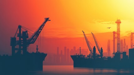 Obraz premium Industrial Sunset Scene with Cranes and Cargo Ships in Port, Silhouetted Against a Vibrant Orange and Yellow Sky Reflecting on Calm Water