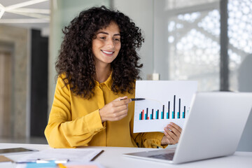 Online business presentation conference. Woman happily smiling showing sharing financial investment...