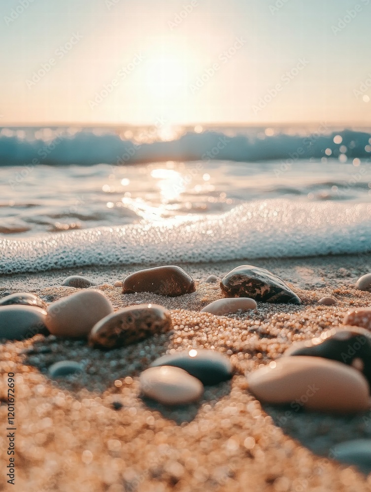 Aufkleber Close up view of smooth pebbles by the beach with gentle waves rolling in at sunset. Generative AI