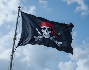 Pirate flag with skull head on black background