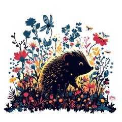 Hedgehog is walking through a field of flowers