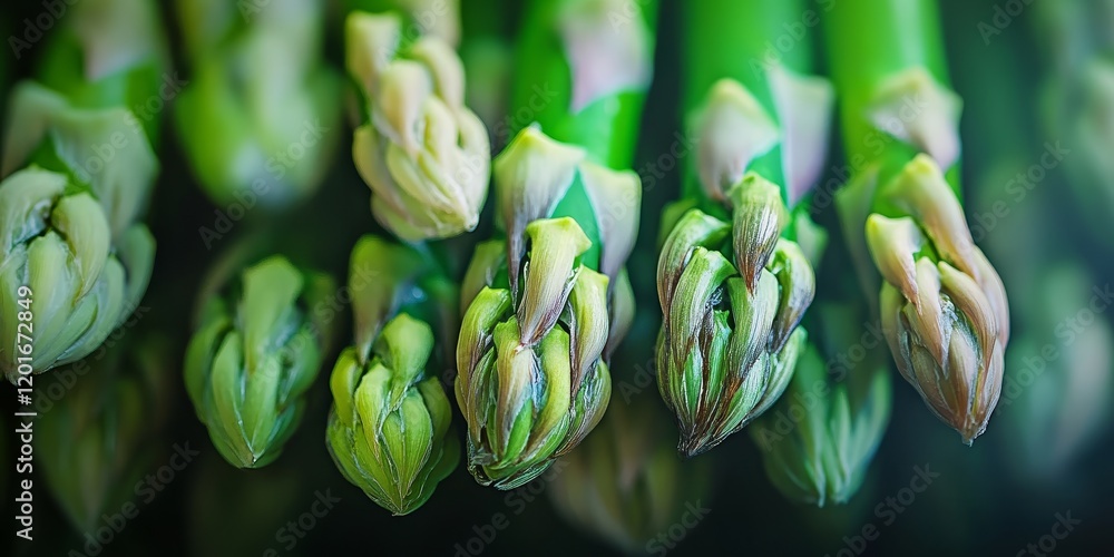 Poster fresh green asparagus captured in macro detail, showcasing the vibrant texture and color of raw aspa