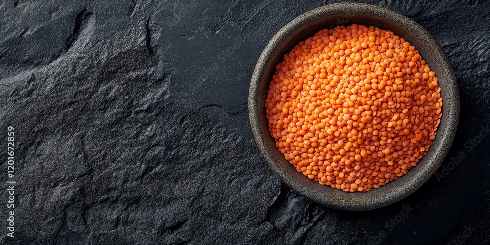 Aufkleber red lentils displayed in an aged ceramic plate set against a dark stone background. this top view sh