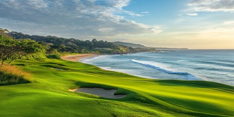 Obraz premium A stunning golf course setting by a beach offers a fantastic view, making it a perfect destination for golf enthusiasts and nature lovers alike, enjoying the beauty of the golf course experience.