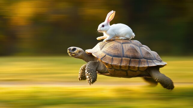 "Rabbit Rides Turtle in a Race, Blurred Background"