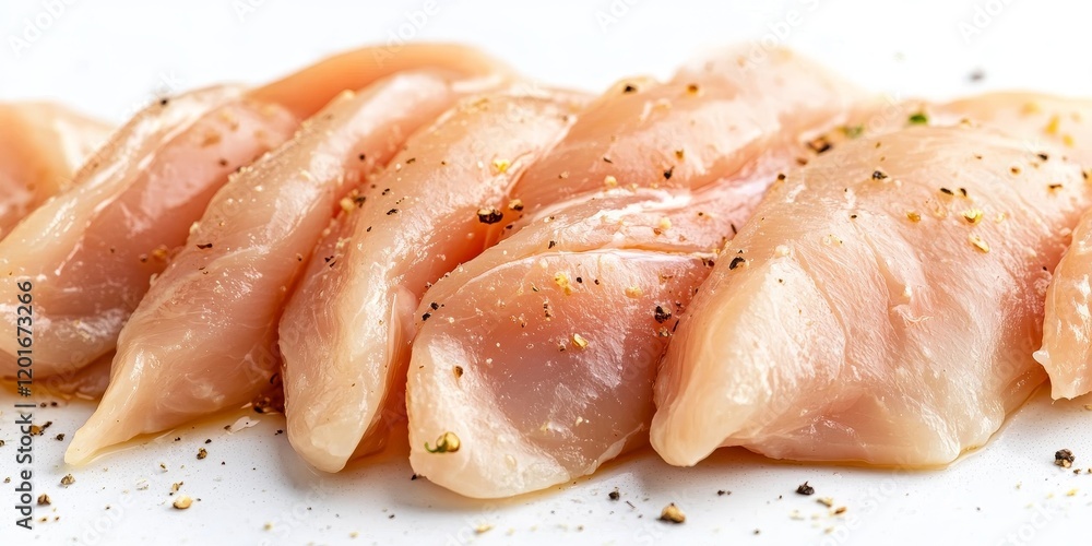 Aufkleber Close up view of raw chicken fillets displayed on a white surface, highlighting the texture and freshness of raw chicken fillets in an appealing manner for culinary presentations.