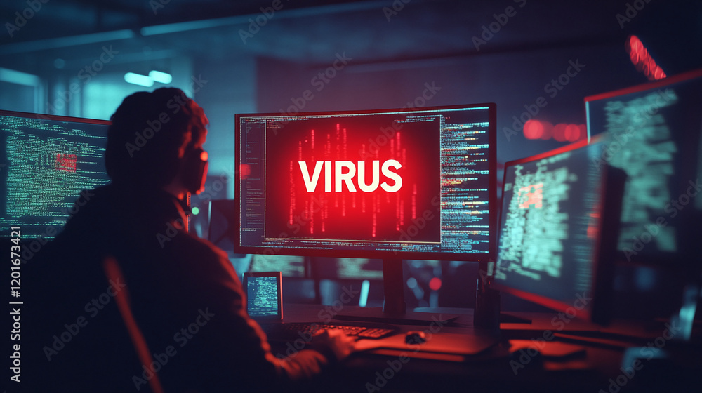 Poster computer hacker working on cybersecurity threats in a dark room with multiple screens displaying a v