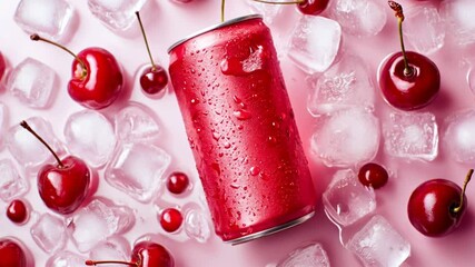 Cherry soda can with ice and fresh cherries, horizontal video, perfect for summer refreshments, beverage launches and seasonal drink promotions

