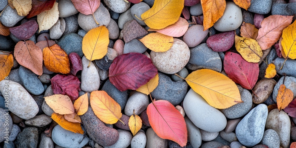 Poster a vibrant pile of dry leaves rests on the pebbles, creating a beautiful contrast the dry leaves add 