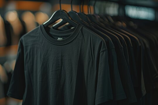 Plain black T-shirt with round neck and short sleeves hanging for customization..