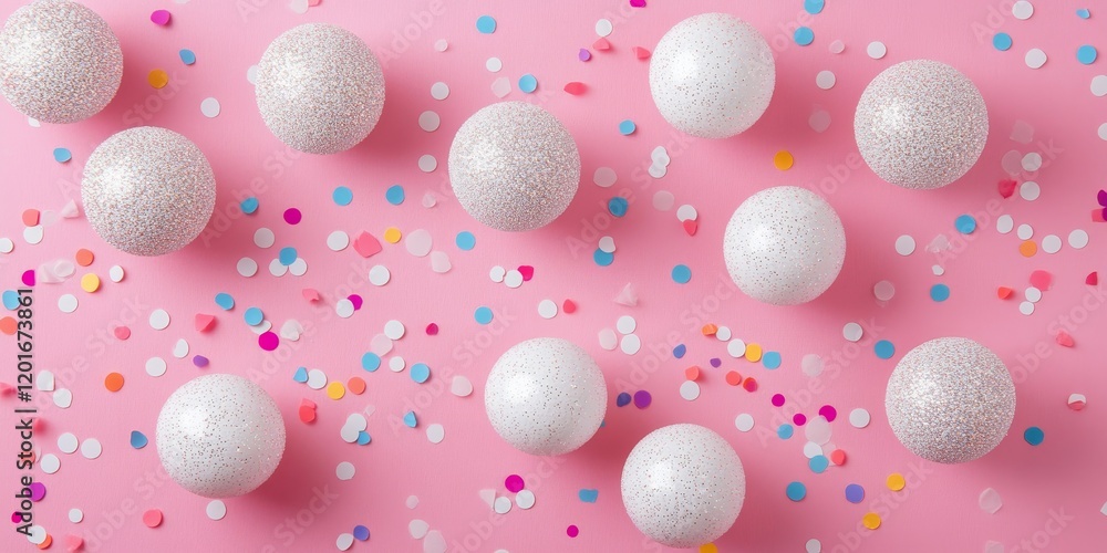 Aufkleber glittery silver and white frame featuring round balls set against a pink backdrop adorned with color